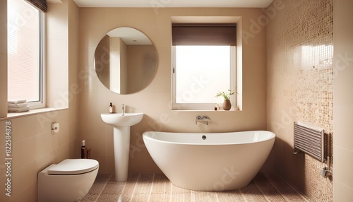 Modern bathroom with beige and brown tiles and a radiator