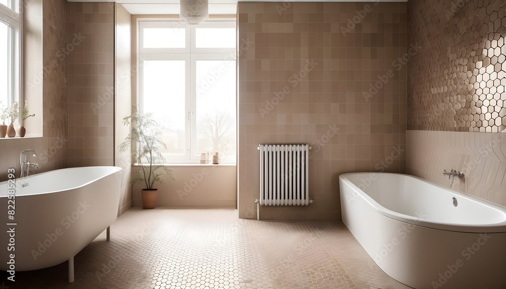 Modern bathroom with beige and brown tiles and a radiator Modern bathroom with beige and brown tiles and a radiator