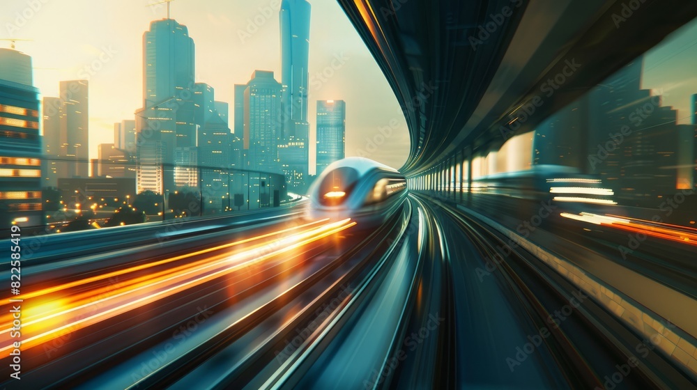 A high-speed passenger train traveling swiftly on an intercity railway, leaving the city behind.
A high-speed passenger train traveling swiftly on an intercity railway, leaving the city behind.