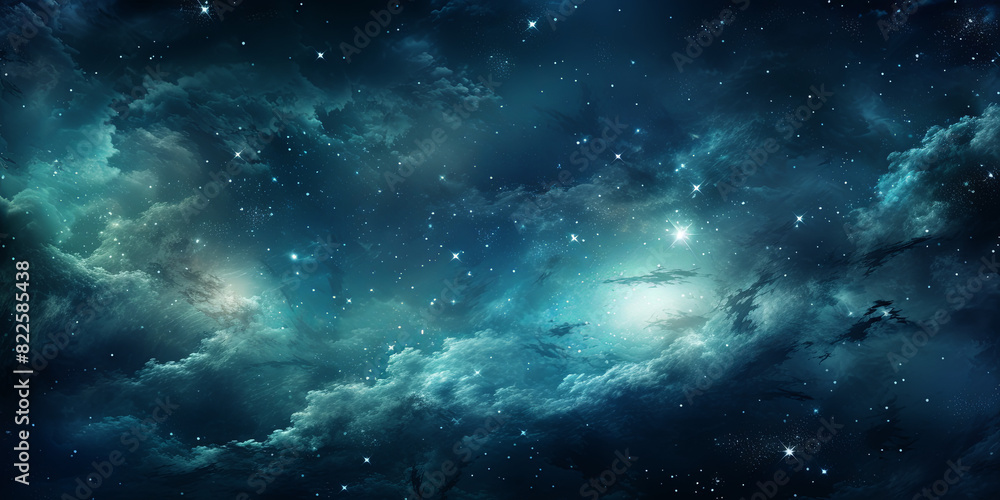Fototapeta premium Starry sky landscape. Bright stars, nebulae on the background of night clouds