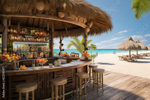 Beach Cocktail Bar. Building with thatched roof. Summer vibe  summer travel  vacation on the beach