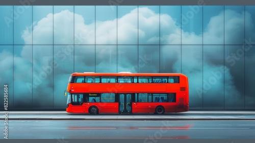 A red double decker bus is parked on a wet street photo