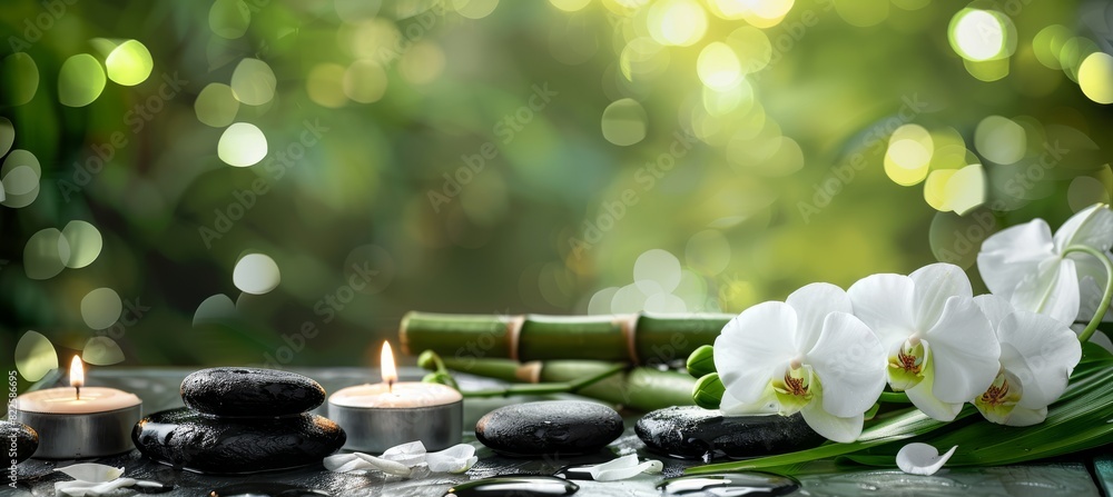 Zen Style Relaxation: Orchids, Candles, Bamboo on green blurry background Zen Style Relaxation: Orchids, Candles, Bamboo on green blurry background
