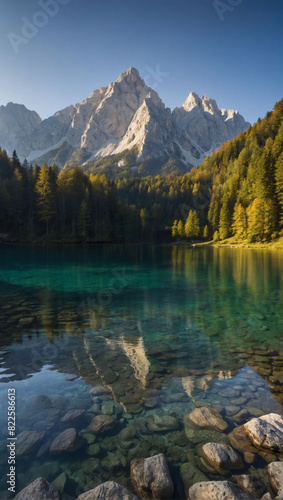 Morning scene of Fusine Lake and Mangart peak in the Julian Alps  Udine  Italy  Europe.