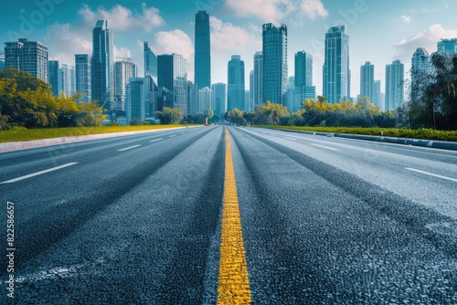 Cityscape Road. Urban Transportation on Modern City Road with Skyline in Background