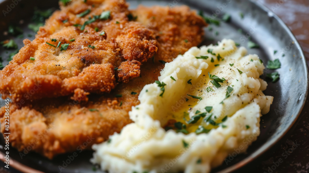 Authentic czech breaded schnitzel served with creamy mashed potatoes sprinkled with fresh herbs on a rustic plate Authentic czech breaded schnitzel served with creamy mashed potatoes sprinkled with fresh herbs on a rustic plate