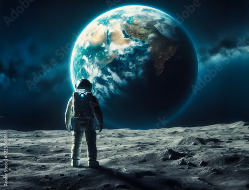 man in a space suit standing on a surface similar to the moon, with his back to the viewer and staring at a huge Earth planet in the sky, vast dark space,