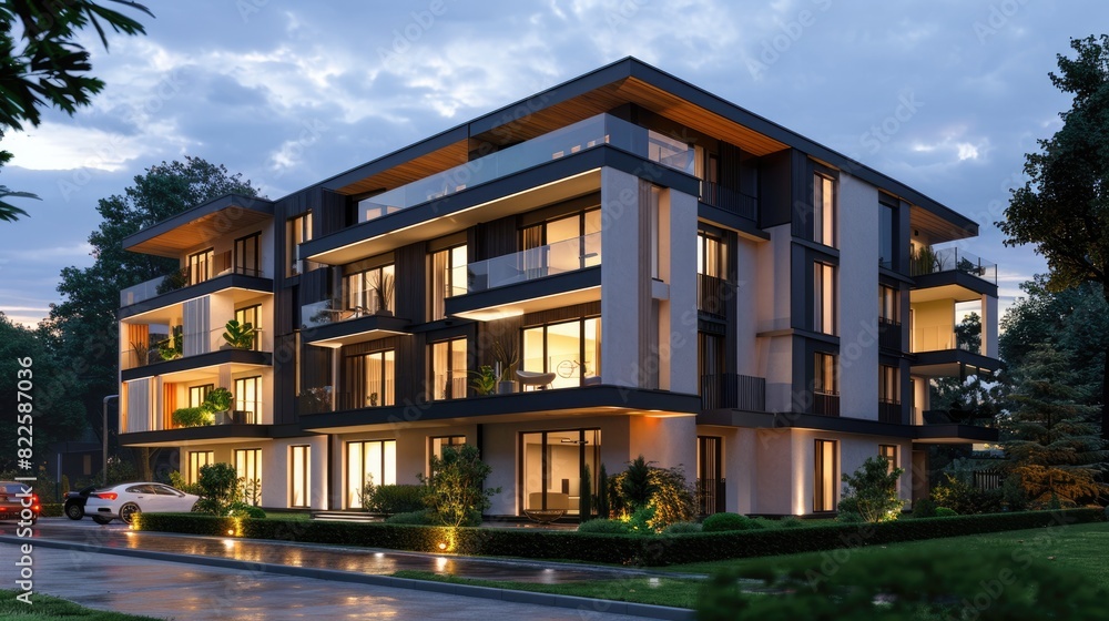 Building Rendering. Modern 3D Exterior View of Residential Structure in Downtown Area Building Rendering. Modern 3D Exterior View of Residential Structure in Downtown Area