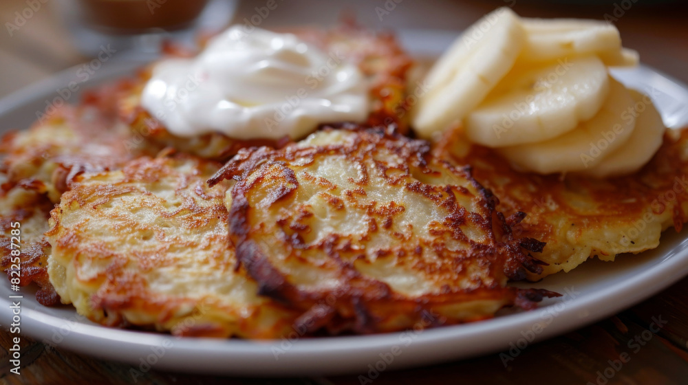 Delicious czech potato pancakes topped with sour cream and stewed apple, presented on a white plate Delicious czech potato pancakes topped with sour cream and stewed apple, presented on a white plate