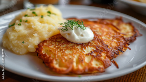 Tasty czech potato pancakes with creamy mashed potatoes and a dollop of sour cream, topped with fresh herbs