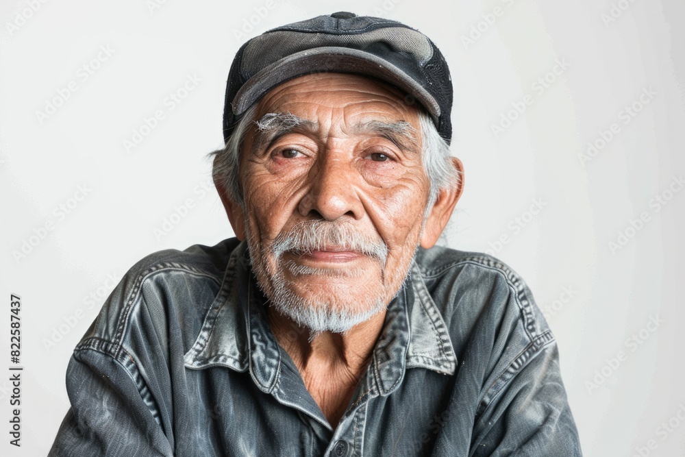 Fototapeta premium Elderly White Background. Portrait of Senior Hispanic Man Against White Background