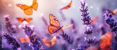 Butterfly Pollinating Lavender Flowers, Colorful Meadow in Summer Sunlight, Harmony of Insects and Flora