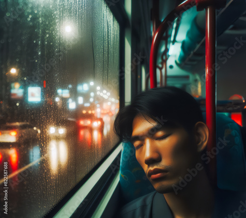 On a rainy day, inside a softly lit bus, a tired workout asian man with closed eyes sleeps peacefully. Karoshi overwork death phenomena. The window reflects city lights, 
