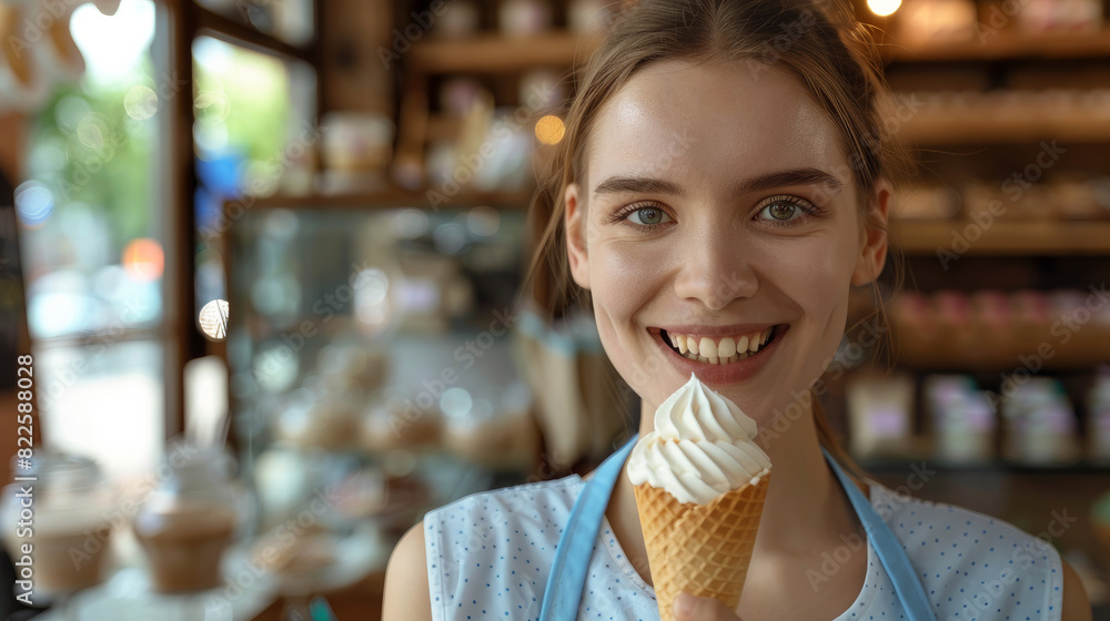 A smiling woman holding an ice cream cone in her hand A smiling woman holding an ice cream cone in her hand