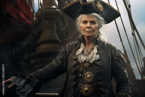 Commanding elderly woman in pirate attire stands proudly on a vintage sailing ship with a stern look
