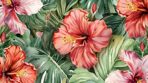 A vibrant seamless pattern of wild tropical flowers painted in watercolor.  