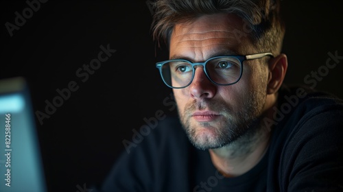 Focused man wearing glasses working on a computer, illuminated by the screen's light against a dark background, depicting concentration and productivity.