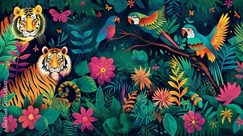 Colorful jungle illustration with tigers and parrots amidst dense foliage and bright flowers, highlighting the richness of tropical biodiversity.