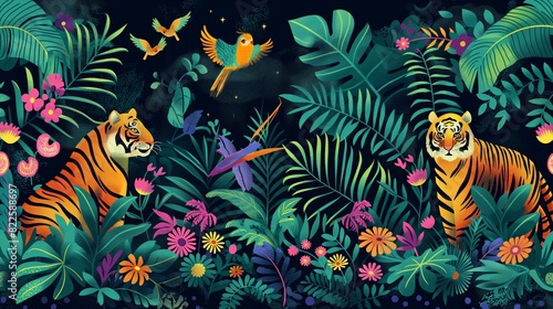 Vibrant jungle illustration featuring two tigers among lush tropical foliage and colorful birds  capturing the essence of a lively rainforest.