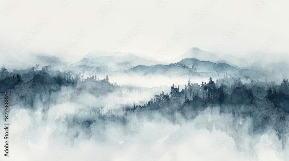 The image is a beautiful landscape painting of blue mountains in the fog The image is a beautiful landscape painting of blue mountains in the fog