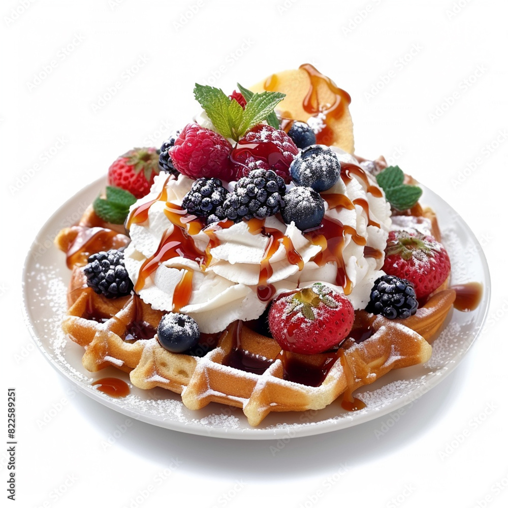 waffles with berries and cream on white background, isolated waffles with berries and cream on white background, isolated