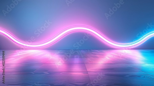  A blue-pink background with a central wave of light; foreground features a wooden floor