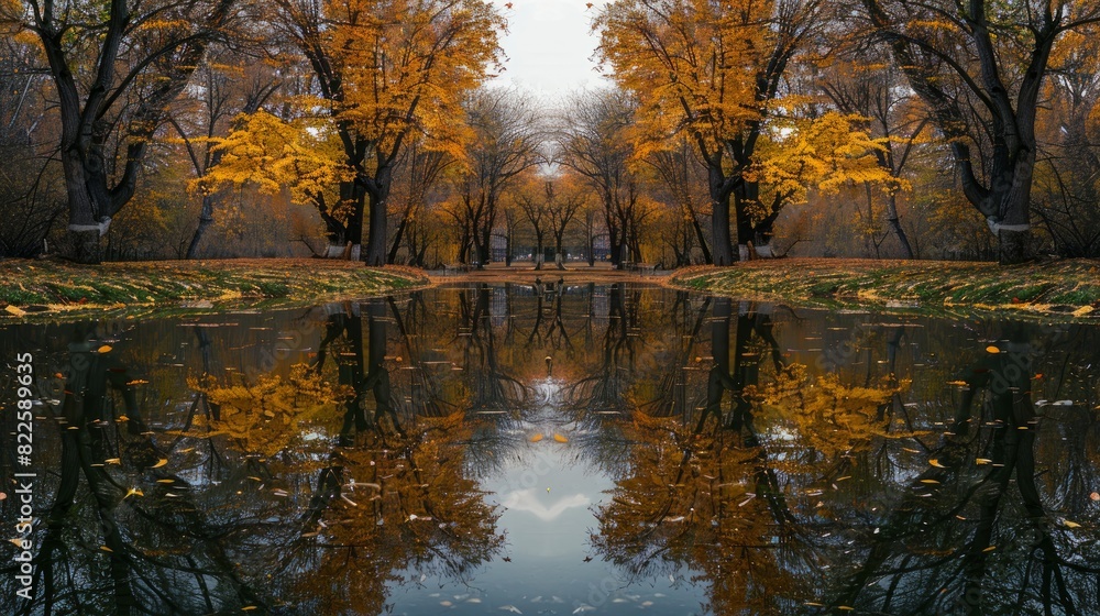 Fototapeta premium Autumn trees in a city park reflected in a mirror-like surface.