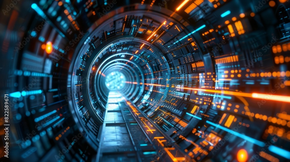 Obraz premium A sci-fi inspired spaceship corridor tunnel, perfect for futuristic tech themes.