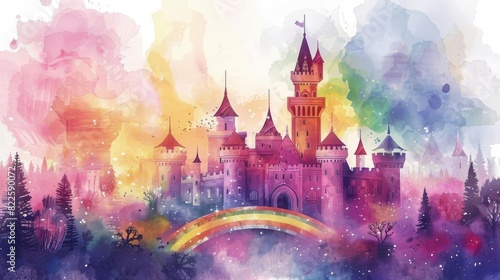 The image is a watercolor painting of a fairytale castle