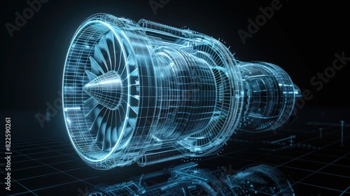 A detailed wireframe rendering of a turbojet engine alongside its mirrored physical body, set against a black background.

