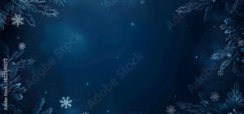 Dark Blue Winter Background with Snowflakes and Pine Branches
