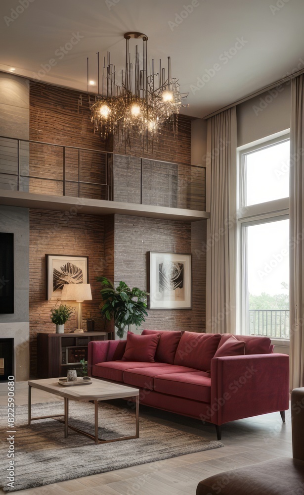 Fototapeta premium Sophisticated professional photograph of a burgundy and rose gold luxury living room interior with abstract art and indoor palm trees