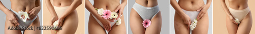 Set of beautiful young women in panties and with flowers on color background, closeup photo