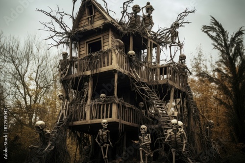 Eerie photo depicting a creepy treehouse adorned with skeletons in a dark, mystical forest © juliars