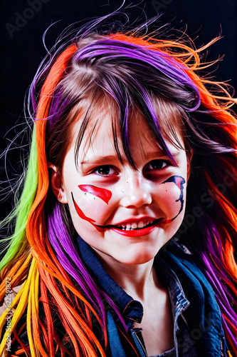 Portrait of a smiling girl with hairstyle of multicolored strands. On the face of aqua makeup. AI generative.