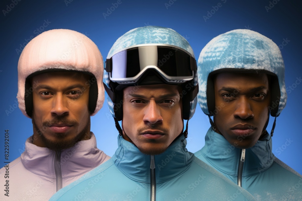 Three men in ski helmets and goggles against a blue backdrop Three men in ski helmets and goggles against a blue backdrop
