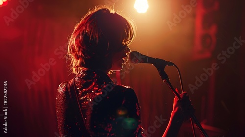 Black silhouette of female rock star singer with a microphone. singer sings a karaoke song on stage with spotlights in the background.back view