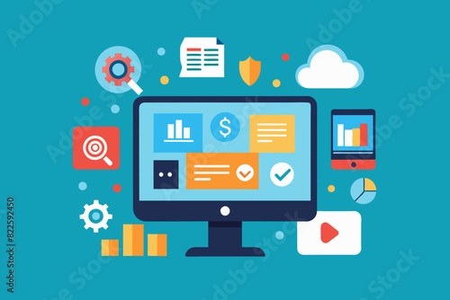 A computer screen displaying a multitude of icons from various programs and applications, digital analysis and online marketing data, Simple and minimalist flat Illustration