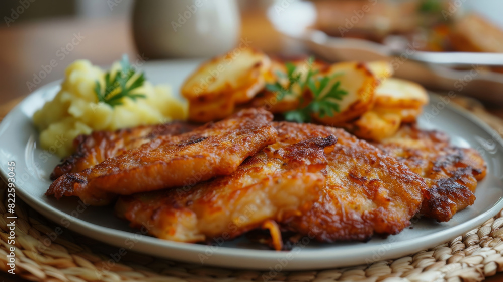 Breaded pork cutlets with roasted potatoes, mashed potato, and fresh herbs in a czech-inspired dish Breaded pork cutlets with roasted potatoes, mashed potato, and fresh herbs in a czech-inspired dish
