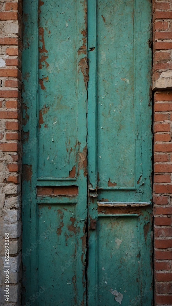 Pair of old, green doors focal point, showing signs of wear, tear with chipped paint revealing wood beneath. Doors set within brick wall that has also seen better days. Pair of old, green doors focal point, showing signs of wear, tear with chipped paint revealing wood beneath. Doors set within brick wall that has also seen better days.