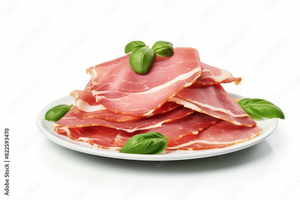 Delicate slices of prosciutto ham garnished with green basil leaves on a white plate, isolated on white Delicate slices of prosciutto ham garnished with green basil leaves on a white plate, isolated on white