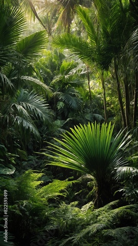 Sunlight filters through dense foliage of tropical rainforest  illuminating various shades of green. Palm leaves  ferns  other exotic plants create lush landscape  showcasing biodiversity.
