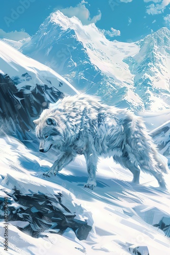 Amarok Illustrate the Amarok, a giant wolf, prowling through the snowy wilderness of the Arctic photo