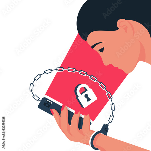 Internet addiction. Young girl in handcuff with chain holds smartphone. Nomophobia concept. Digital dependence. Digital detox. The habit of using social networks and media. Vector flat design.