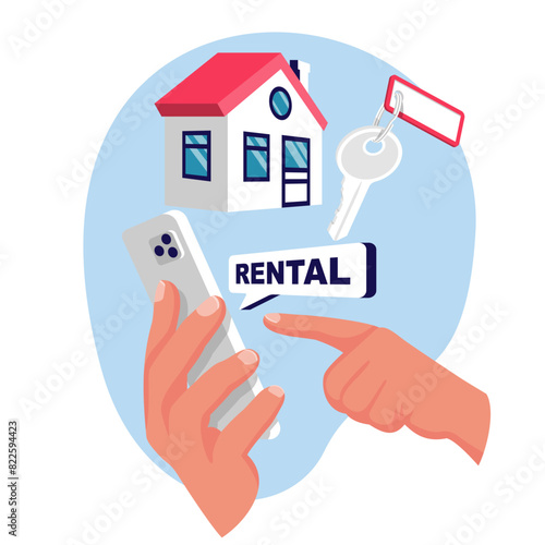 Rental house. Young man rents real estate. Online booking. Application for searching for real estate. Smartphone in hand. Modern technologies. Vector flat design. Isolated on white background.
