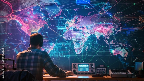 An amateur radio operator connected globally, with a map showing lines of international connections.