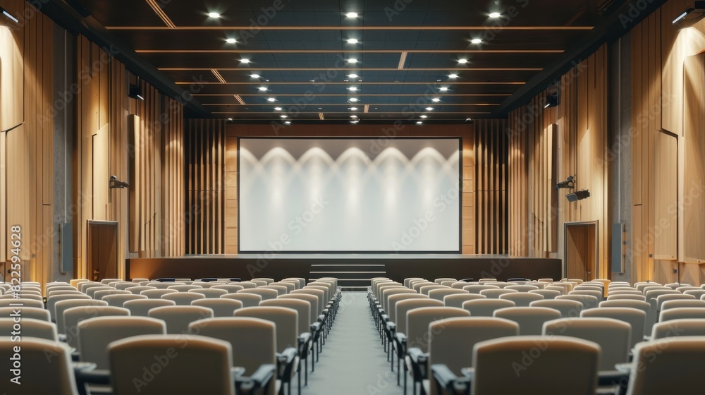 A wide, empty auditorium in a conference hall featuring a stage and a blank canvas, ready for events and presentations A wide, empty auditorium in a conference hall featuring a stage and a blank canvas, ready for events and presentations