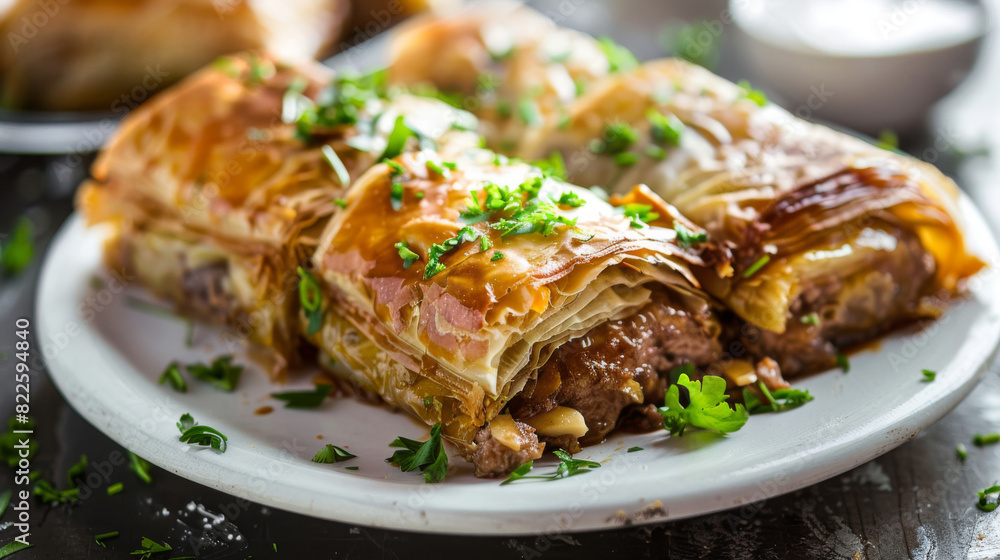 Delicious homemade beef filo pastry pie garnished with fresh herbs, presented on a rustic wooden background, culinary art concept Delicious homemade beef filo pastry pie garnished with fresh herbs, presented on a rustic wooden background, culinary art concept