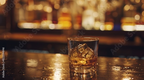 Glass of whiskey with ice on bar counter with blurred background. Close-up shot. Nightlife and beverage concept