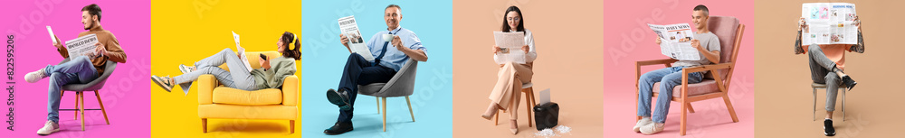 Group of different people reading newspapers on color background Group of different people reading newspapers on color background
